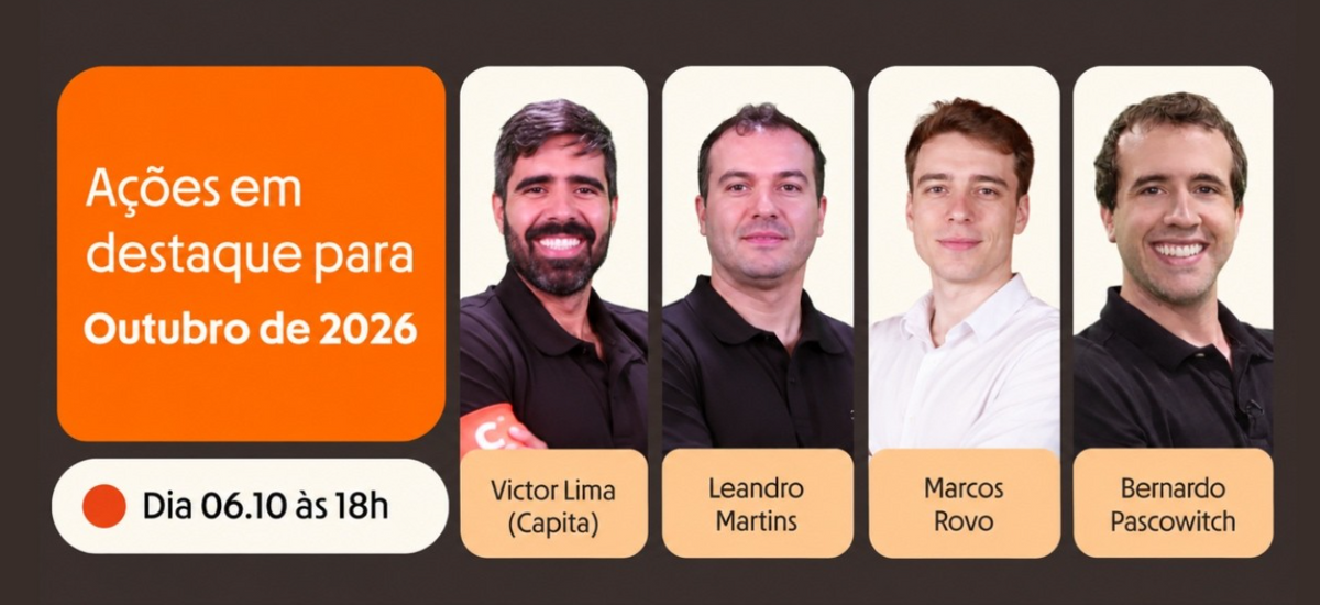 Leandro Martins, Victor Lima, Marcos Rovo e Bernardo Pascowitch trazem diferentes perspectivas sobre o mercado, passando por renda variável, fundos imobiliários, cenário econômico, estratégias de investimento e criptoativos.
